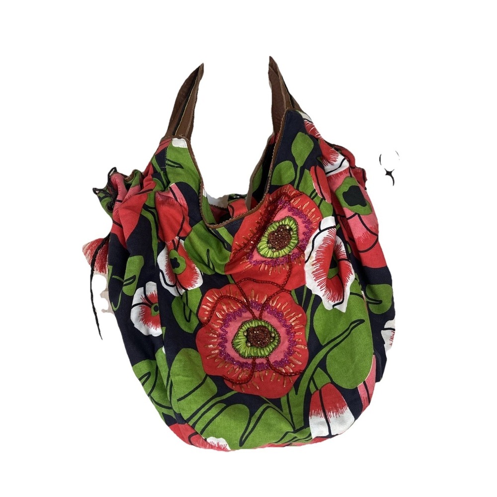 Anthropologies Jasper & Jeera Floral Beaded‎ Boho Fabric Tote Bag Handbag READ